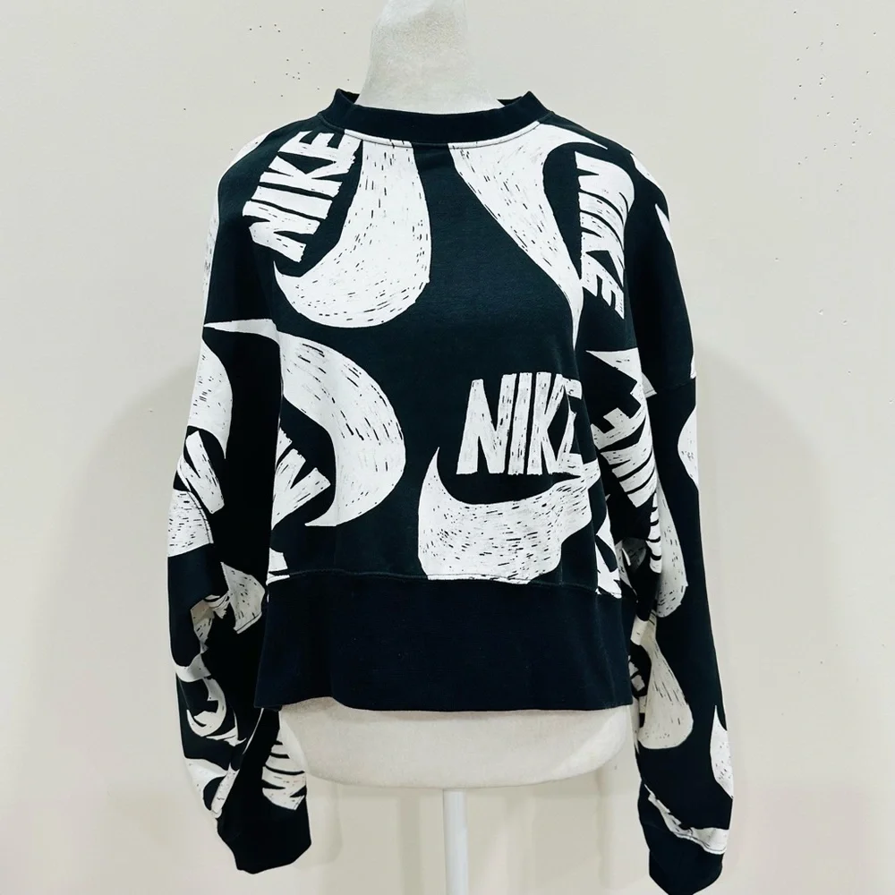 Nike Women Icon Clash Black/White Fleece Crop Crew Pullover‎ Size S